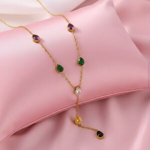 18k Gold Lated Multi-Colour CZ Gemstone Y Necklace. New.